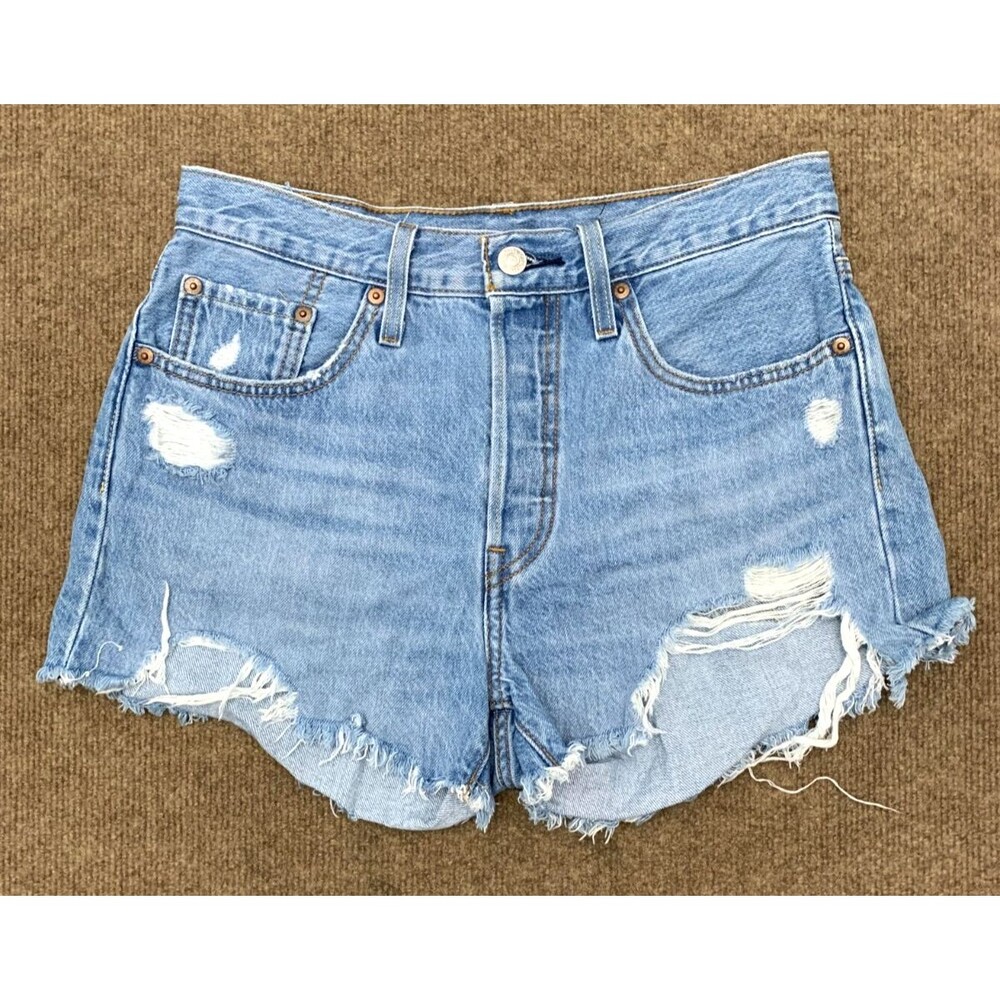 Levis 501 Shorts Womens 27 Cut-Off Button Fly Distressed Whiskered Denim